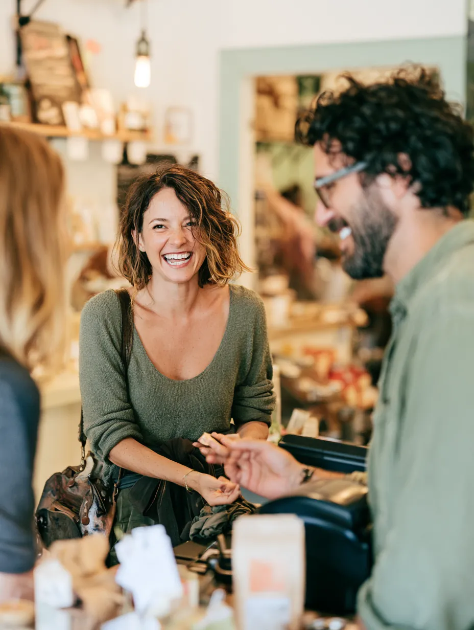 Couple greeting a customer at their small shop register, the week's $1,000 gap already handled