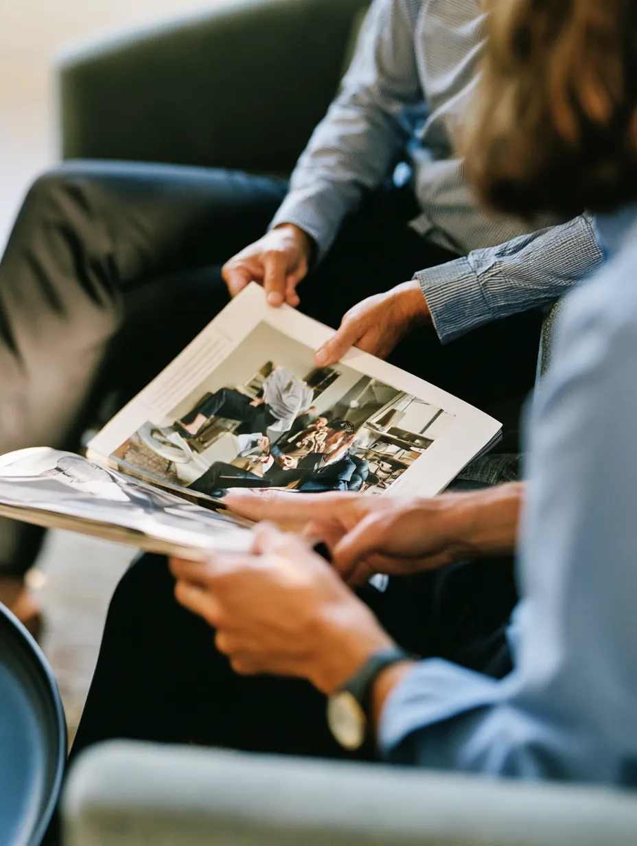 Friends reading a magazine together in a bright corner, the moving-week bills already settled