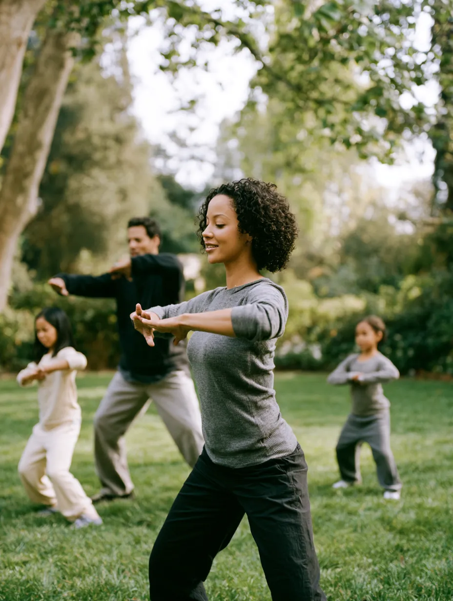 Family practicing tai chi together on a park lawn, finances steady after handling the big bill
