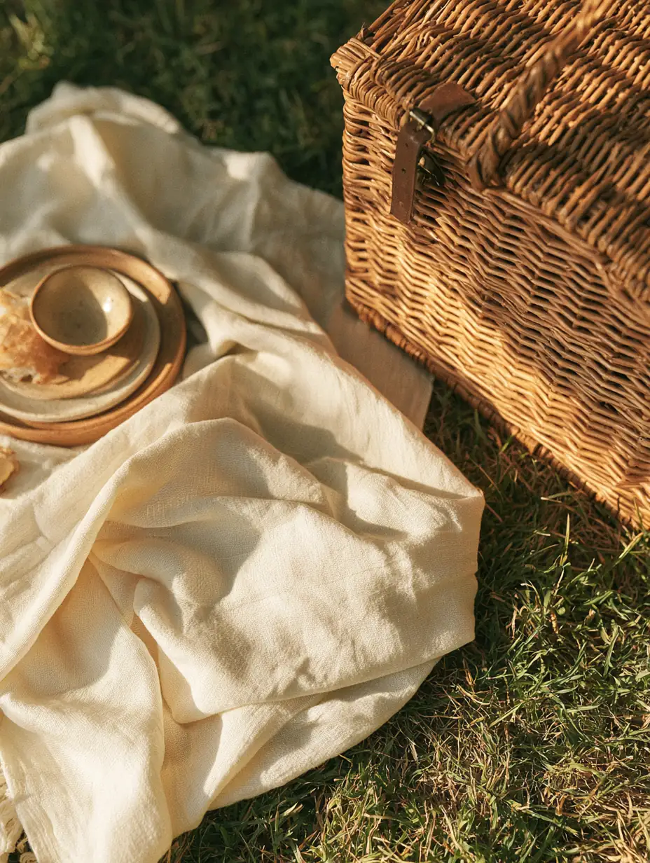 Picnic blanket and hamper arranged on the lawn, the season's big expense already behind them