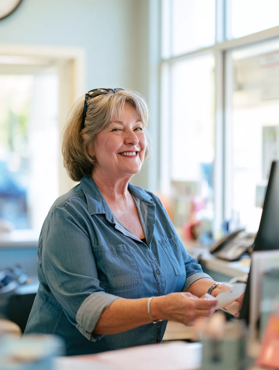 Woman checking in at a modern reception desk, her credit file speaking before her Allstar Lending request does