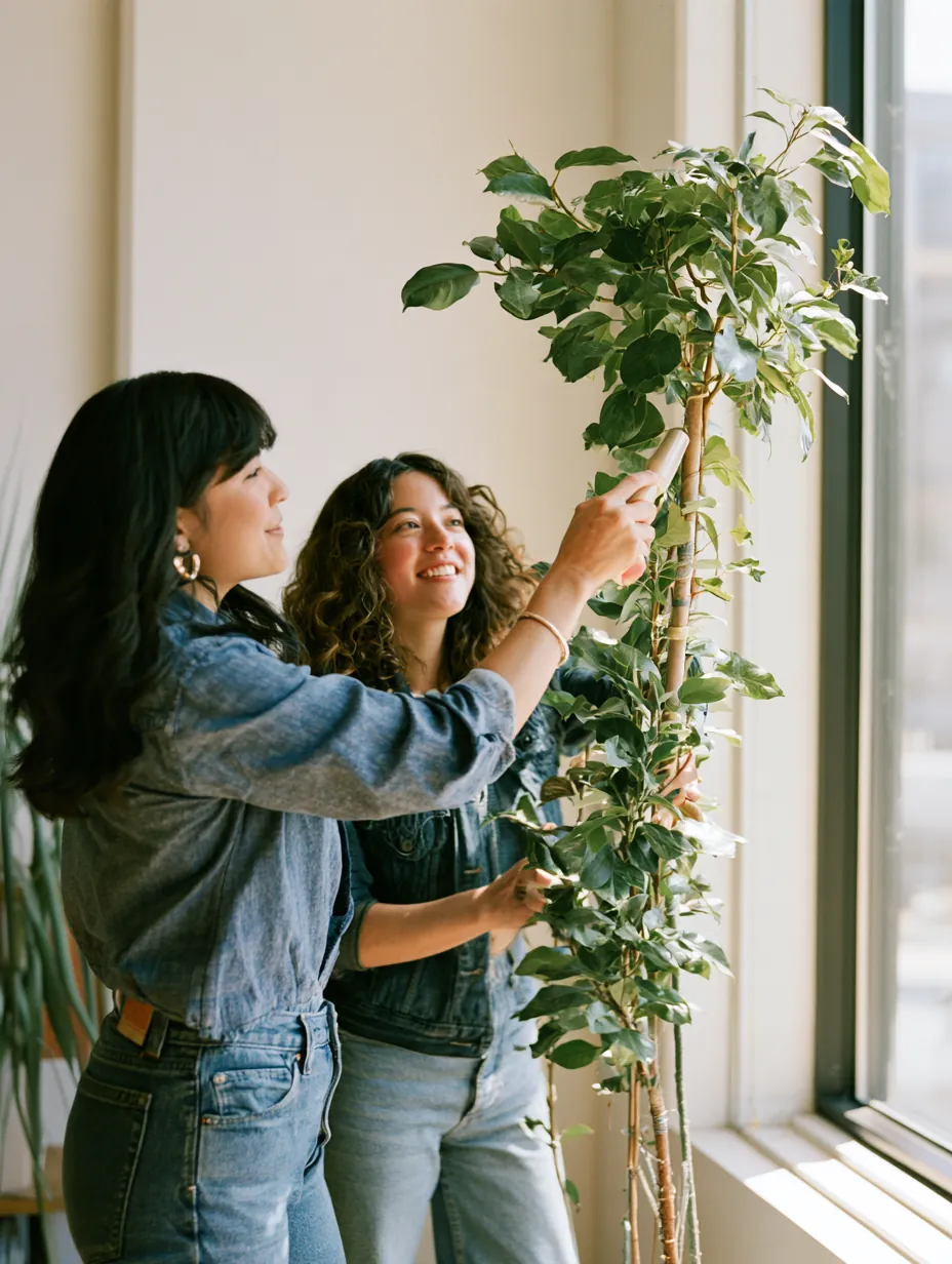 Two office colleagues watering a tall ficus while an Allstar Lending transfer clock runs on its own
