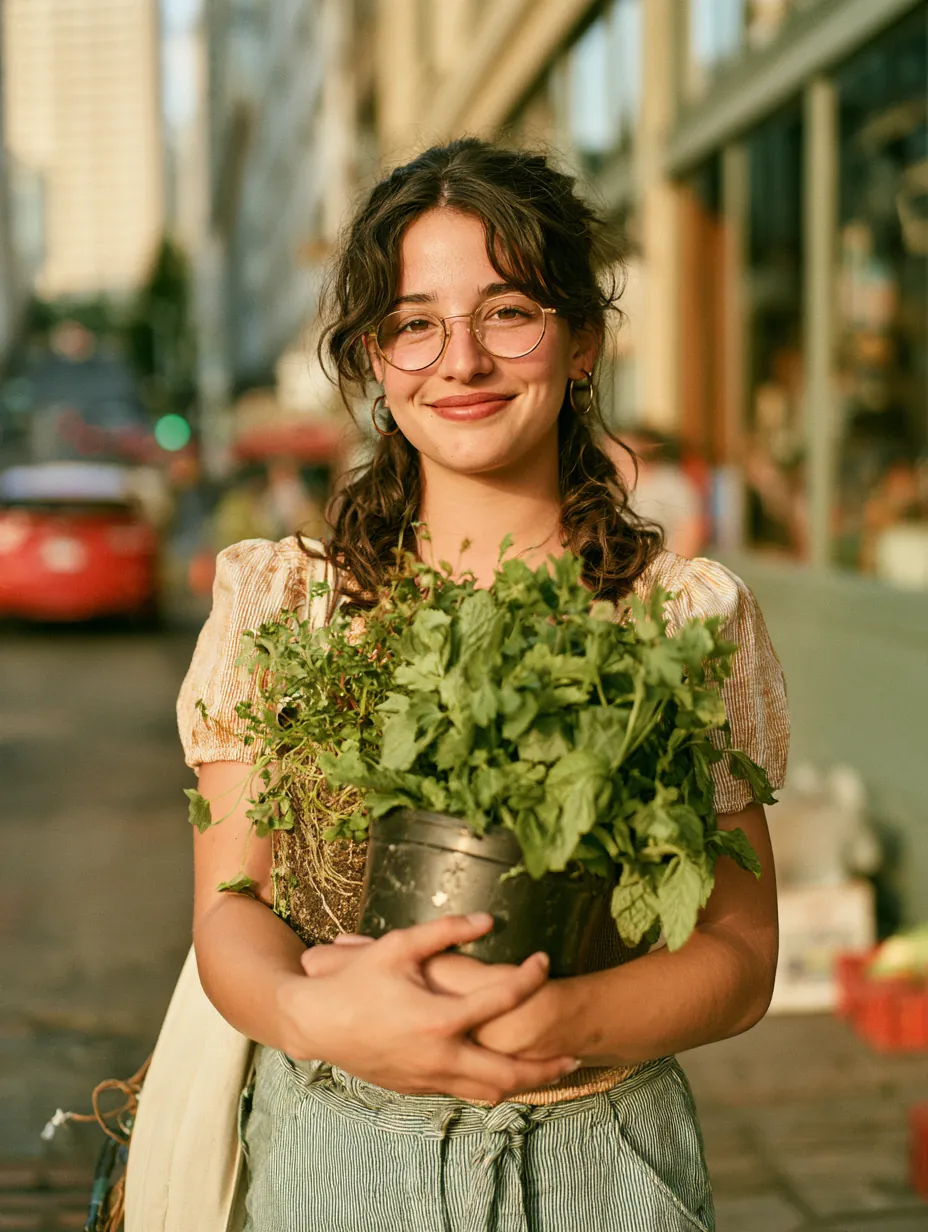 Young woman carrying a potted plant home from a street market after settling her Allstar Lending personal loan