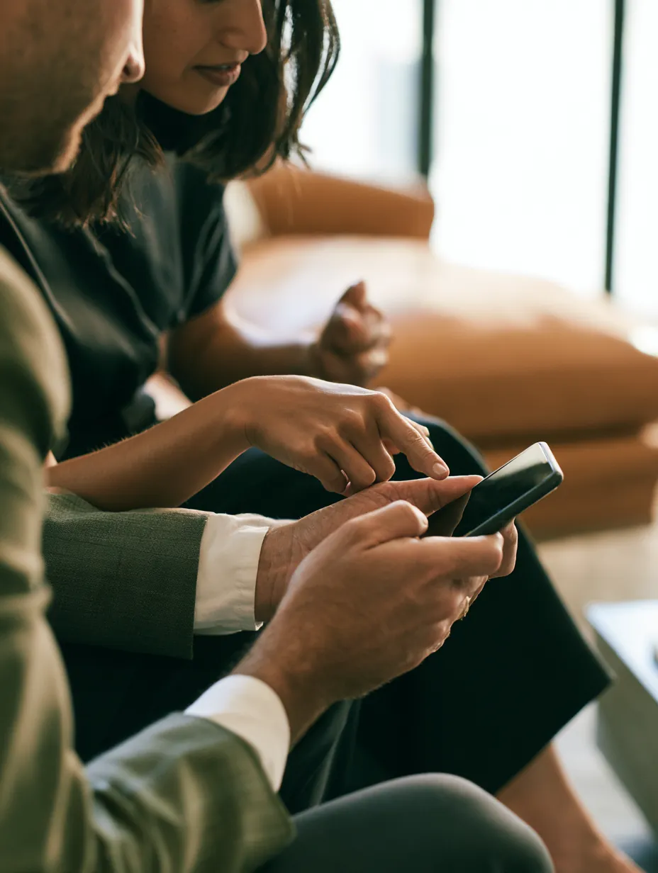 Two coworkers checking Allstar Lending rate details together on a phone screen in a bright living room