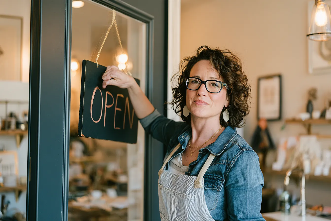 Shop owner turning the open sign on her boutique door, restocked and ready after a $2,000 loan