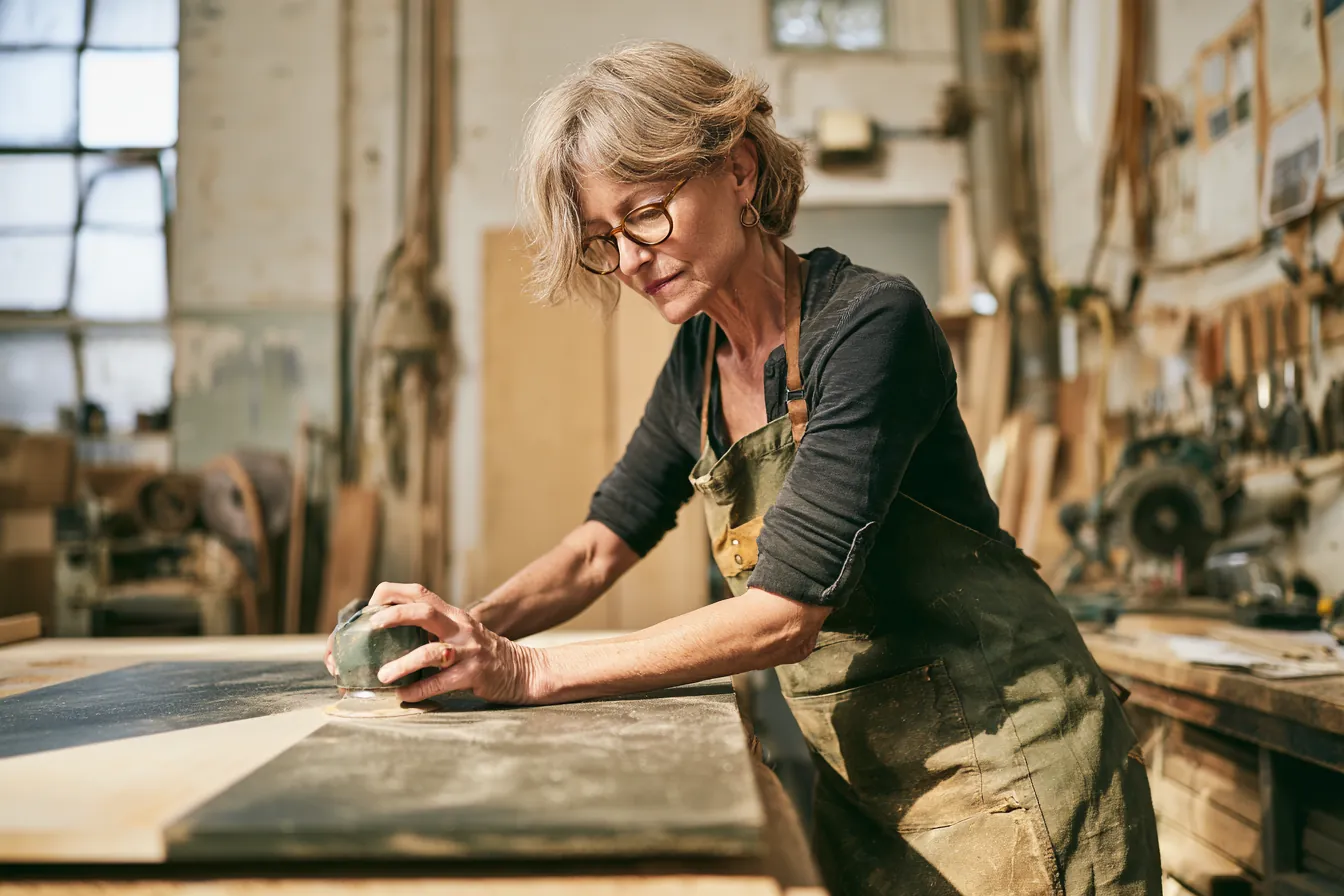 Craftswoman sanding a tabletop at her workshop bench, her loan request already submitted that morning