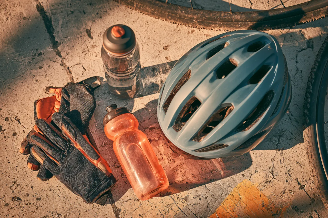 Flat lay of a bike helmet, gloves, and water bottle on pavement — gear checked before the ride, questions answered before the loan