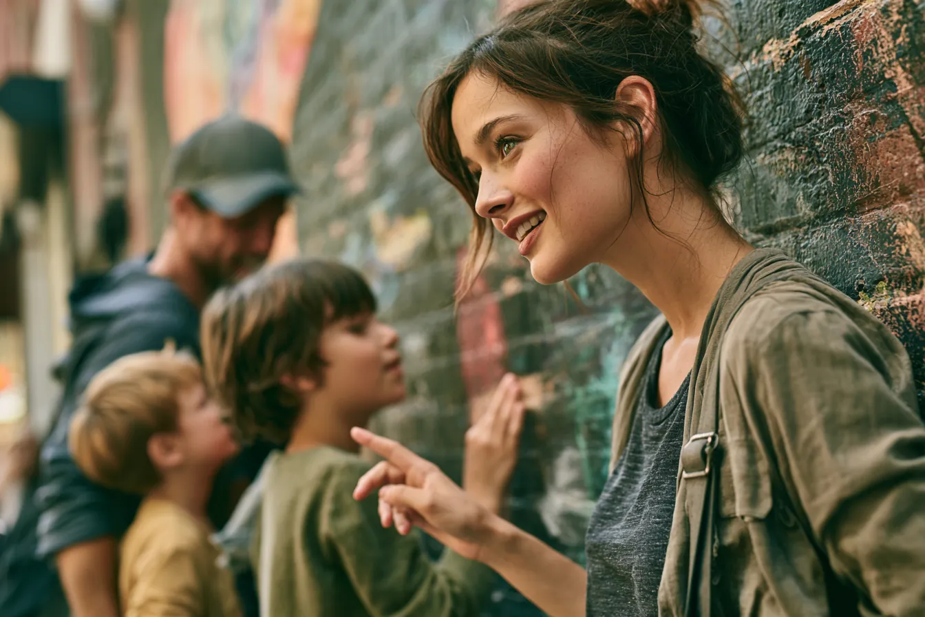 Family admiring a colorful mural on a city brick wall — plain language in a world of jargon