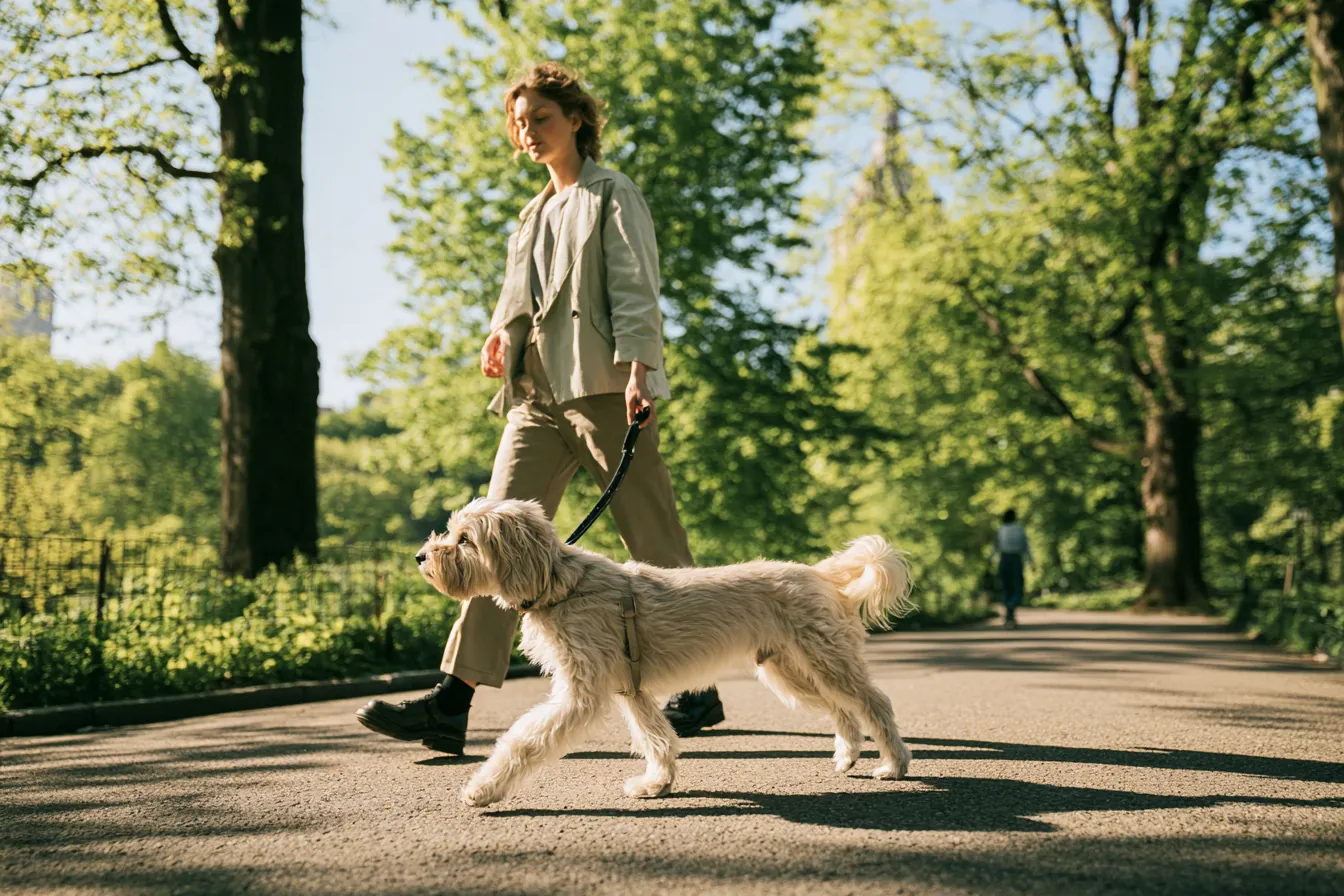 Borrower walking her dog through a sunny park after sorting out a personal loan online